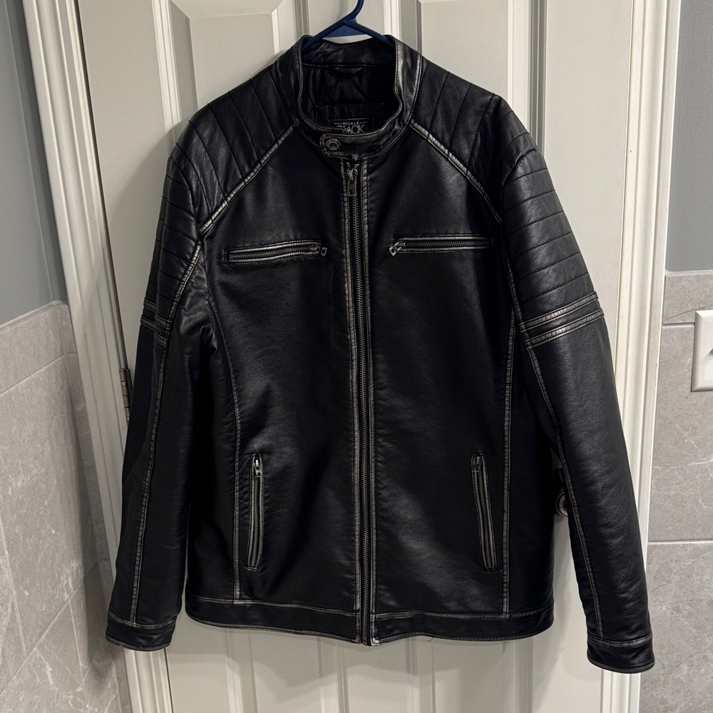 Buckle Black Men's Faux Leather Moto Jacket